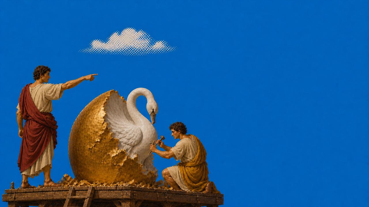 Classical craftspeople finishing a monumental golden swan
