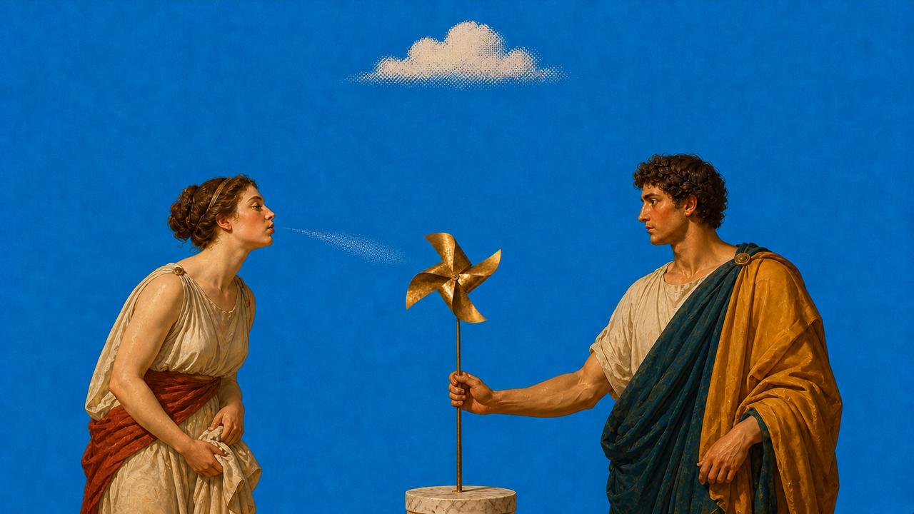 Two classical figures testing a golden pinwheel